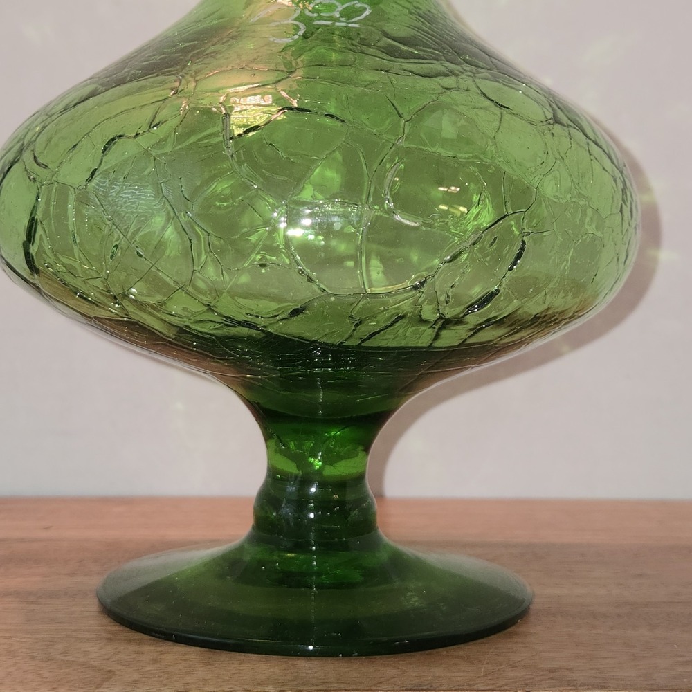 Vintage Green Crackle Glass Decanter Vase MCM Pedestal Blown Glass 11" Retro - Picture 2 of 8